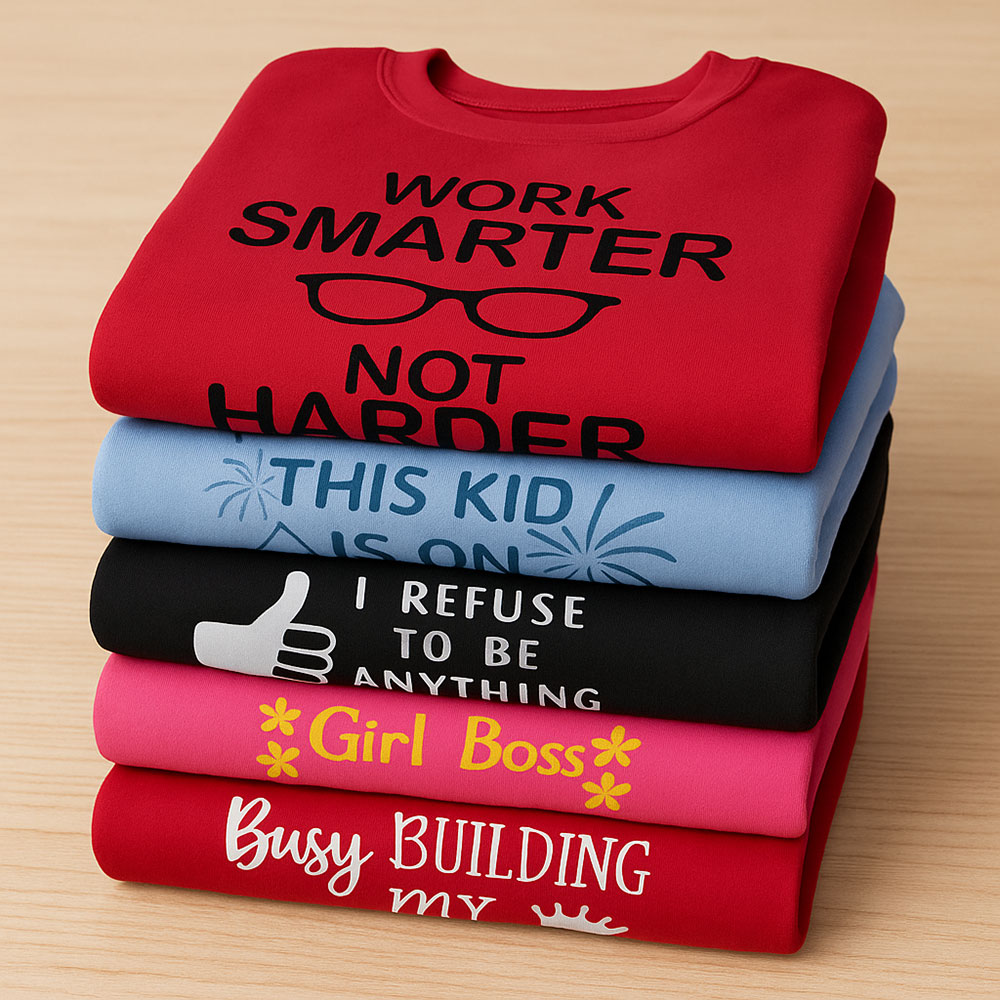 Printed t-shirt designs stacked together
